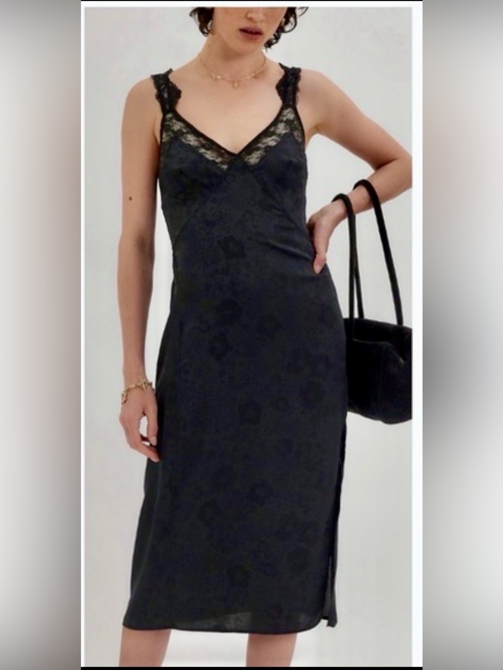 Black Lace-Trim Midi Slip Dress - Women's